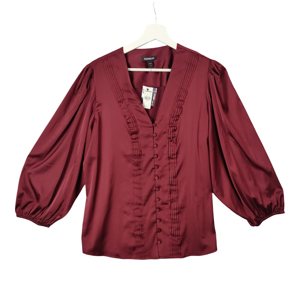 Express Womens Top Large Burgundy V-Neck Long Balloon Sleeve Pleated Button Up